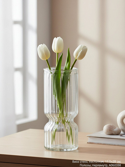Ваза стекло, настольная, 28х11.5 см, Полосы, A060338, перламутр