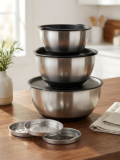 Набор мисок нержавеющая сталь, круглый, 3 шт, 16, 20, 24 см, с крышкой, с набором тёрок, Y4-11665