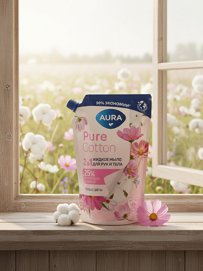 Крем-мыло жидкое Aura, Pure Cotton, 2в1, Хлопок и полевые цветы, 450 мл, дой-пак