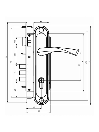 Замок врезной Абсолют, 3В4-85/07, БП-00013883, ручка в комплекте, цилиндровый, универсальный, хром-лак