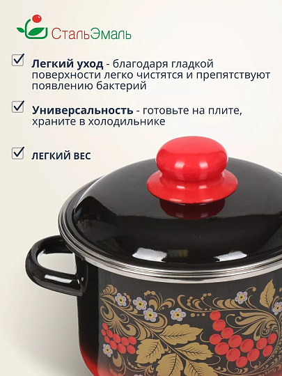 Кастрюля эмалированная сталь, 2 л, крышка сталь, цилиндрическая, СтальЭмаль, Рябина, 7RD161M/7RD161S, индукция