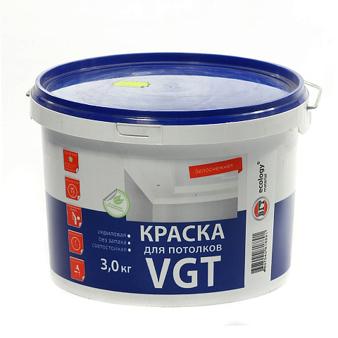 Краска воднодисперсионная, VGT, акриловая, для потолков, матовая, белоснежная, 3 кг