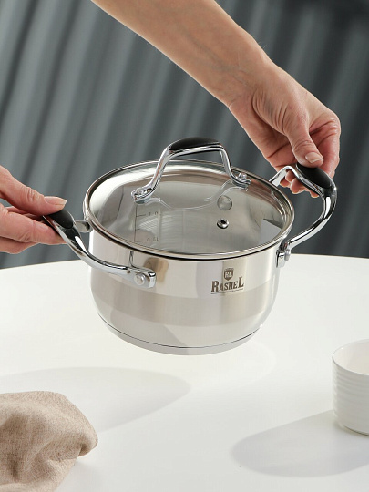 Кастрюля нержавеющая сталь, 1.9 л, крышка стекло, RasheL, R-19-16, серая, индукция