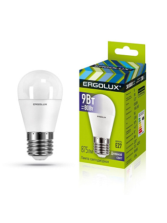 Лампа светодиодная E27, 9 Вт, 80 Вт, шар, 6500 К, холодный белый свет, Ergolux, 13178