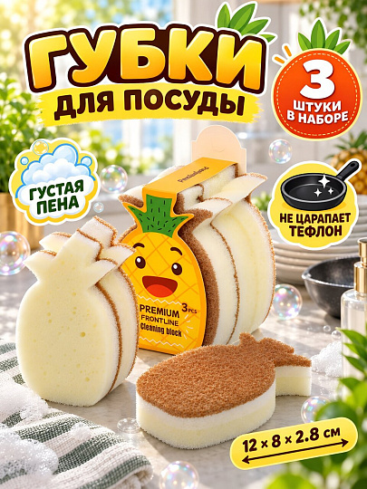 Набор губок для посуды, 3 шт, Ананас, 12х8х2.8 см, A260114