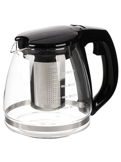 Чайник заварочный стекло, пластик, 1.2 л, с ситечком, 329889, черный
