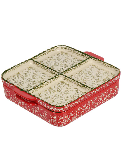 Форма для запекания керамика, 27х31х8 см, прямоугольная, с крышкой, двойная, Ветви на красном, B010430