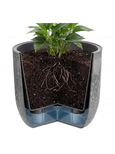 Кашпо пластик, 1 л, 15х15х14 см, универсальное, со вставкой, серый слайн, Idea, Микрит, М 3264