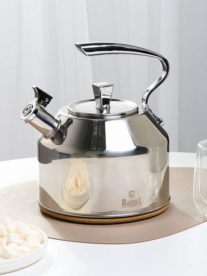 Чайник нержавеющая сталь, 3 л, со свистком, матовый, ручка сталь, RasheL, индукция, серебро, R-7830