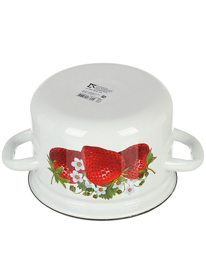 Кастрюля эмалированная сталь, 2 л, крышка сталь, цилиндрическая, Керченский металлургический завод, Клубника садовая, 41704-102/6-У4, белая