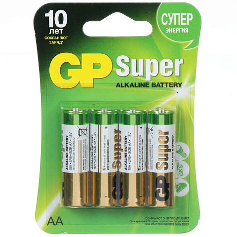 Батарейка GP, АА (LR6, 15A), Alkaline Super, щелочная, блистер, 4 шт, 02706