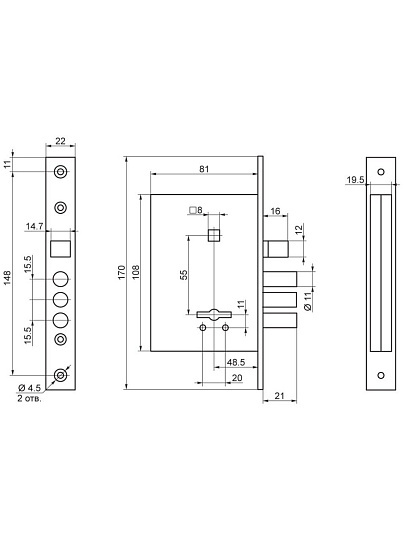 Замок врезной Border, ЗВ 9-6/13, 77 305, без ручки, сувальдный