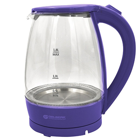 Чайник электрический Gelberk, GL-471, фиолетовый, 1.8 л, 2000 Вт, скрытый нагревательный элемент, стекло
