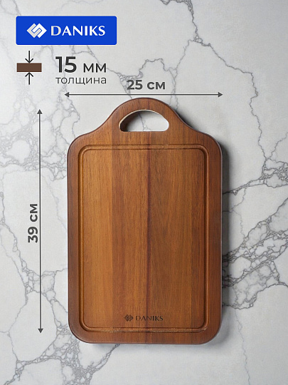 Доска разделочная акация, 39х25х1.5 см, с ручкой, прямоугольная, Daniks, CB14539A