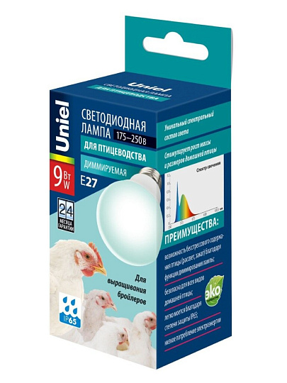 Лампочка светодиодная для бройлеров, E27, 9 Вт, 175-250 В, IP65, A60, SCBG, синий, зеленая, Uniel, PLO65WH, UL-00003190