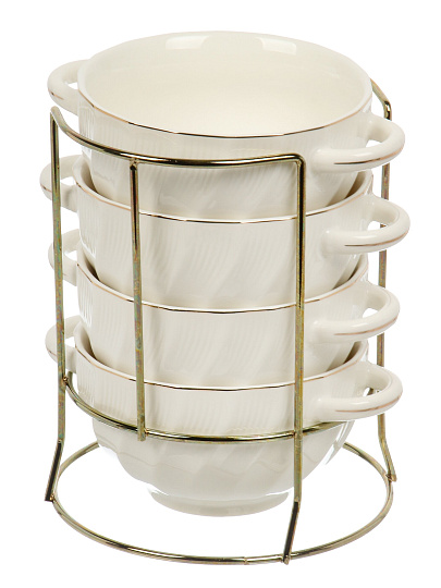 Бульонница фарфор, 4 шт, 650 мл, металлическая подставка, Золотая линия, ТМ Глория, 202357