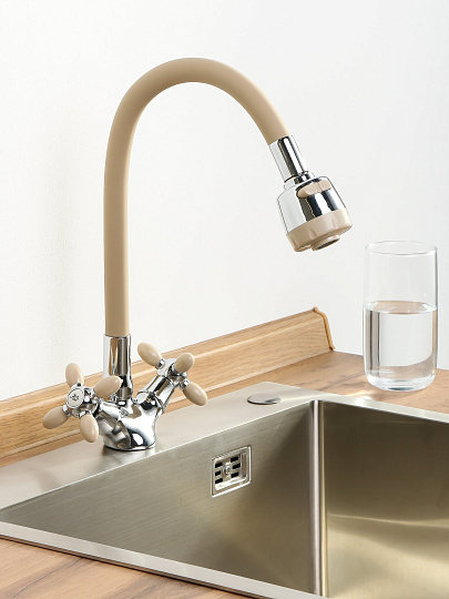 Смеситель для кухни, Антей, Радуга, гибкий излив, с кран-буксой, бежевый, 5770718-ANT