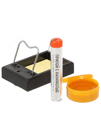 Набор для пайки сетевой, 30 Вт, 230 В, рукоятка пластик, жало типа конус, с подставкой, паяльник, губка для удаления припоя, канифоль, припой, Rexant, №11, 12-0165