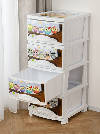 Комод детский 4 ящика, Совушка, 38х47х98 см, белый, Росспласт, РП-421