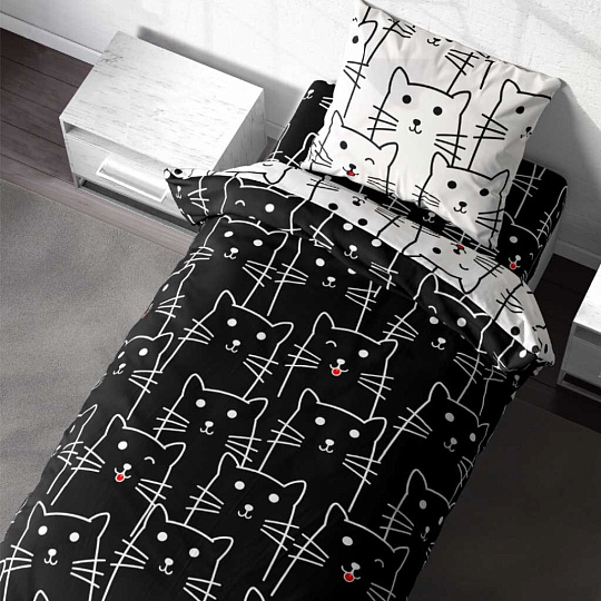 Постельное белье детское 1.5-спальное, простыня 150х214 см, 1 наволочка 70х70 см, пододеяльник 143х215 см, Crazy Getup, перкаль, Black Cat 788234
