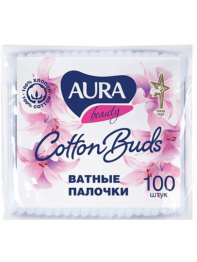 Ватные палочки 100 шт, полиэтилен, Aura, 2937/2252/1646