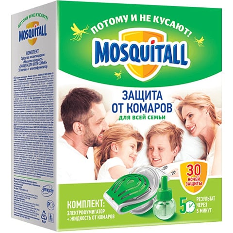 Репеллент от комаров, фумигатор с жидкостью, 30 ночей, Mosquitall, Защита для всей семьи, 30 мл