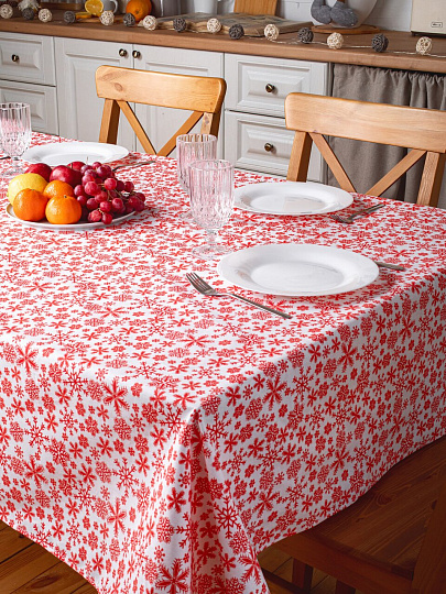 Клеенка 1.4х20 м, хлопок, с акриловым покрытием, Снежинки RED, 3261