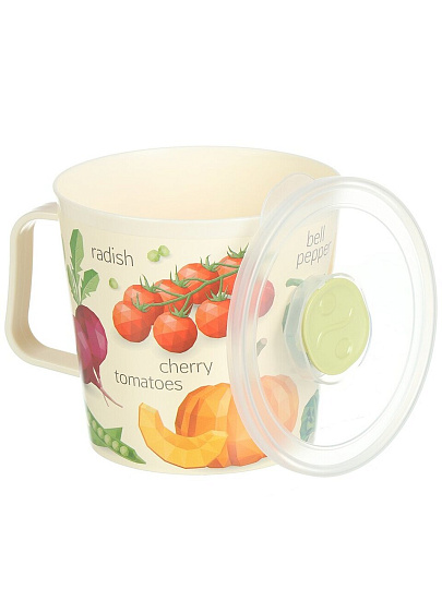 Контейнер-кружка пищевой пластик, 0.75 л, 11.1х11.1х10 см, светло-бежевый, круглый, с крышкой, с декором, Homver, 30725/01