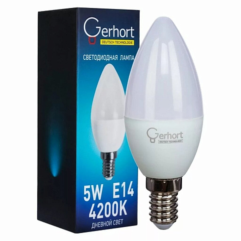 Лампа светодиодная E14, 5 Вт, свеча, 4200 К, свет дневной, Gerhort