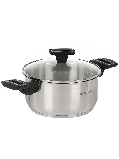 Кастрюля нержавеющая сталь, 3.1 л, крышка стекло, Daniks, Айленд, SD-23-20, индукция