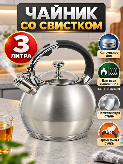 Чайник нержавеющая сталь, 3 л, со свистком, матовый, RasheL, индукция, серебристый, М-7117