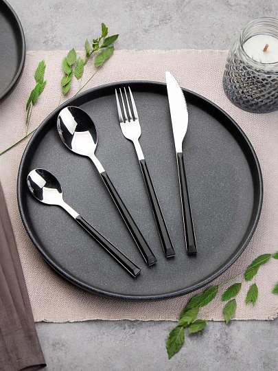 Набор столовых приборов пластик, металл, 24 предмета, черный, глянец, B020143