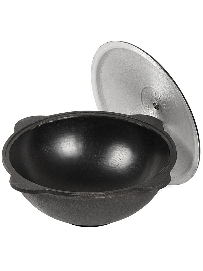 Казан узбекский чугун, 6 л, DavrMetall, с крышкой, крышка алюминий, плоское дно, Гурман