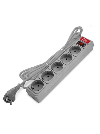 Сетевой фильтр 5 гнезд, 3 м, ПВС, 3х0.75 мм², с заземлением, 10 А, серый, Союз, 132913