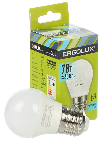 Лампа светодиодная E27, 7 Вт, 60 Вт, 220 В, шар, 4000 К, нейтральный белый свет, Ergolux, 12145