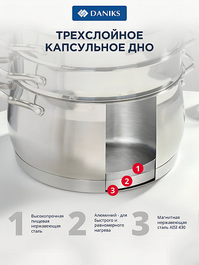 Мантоварка нержавеющая сталь, 28 см, 9.8 л, 4 секции, Daniks, крышка стекло, индукция, металлические ручки, GS-01372-284ST