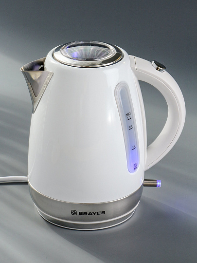 Чайник электрический Brayer, 6110BR, белый, 1.7 л, 2200 Вт, скрытый нагревательный элемент, нержавеющая сталь