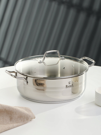 Жаровня нержавеющая сталь, 28 см, 6 л, RasheL, R-1/281, с крышкой, индукция