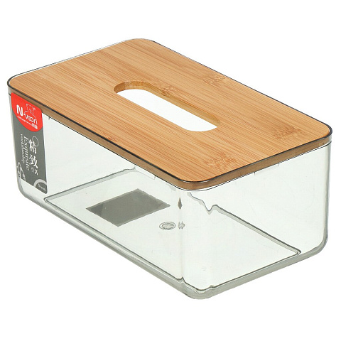 Коробка для бумажных салфеток пластик, дерево, 23х13х10 см, прозрачная, с бамбуковой крышкой, Y4-7801