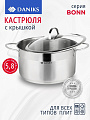 Кастрюля нержавеющая сталь, 5.8 л, крышка стекло, Daniks, Бонн, GS-01319-24CA, индукция