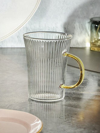 Кружка стекло, 320 мл, рифленая с золотой ручкой, B060797