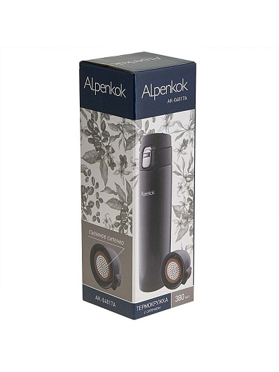 Термокружка нержавеющая сталь, 0.38 л, Alpenkok, колба нержавеющая сталь, с ситечком, вакуумная, черная, AK-04817A