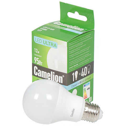 Лампа светодиодная E27, 12 Вт, 95 Вт, груша, 4500 К, свет холодный белый, Camelion