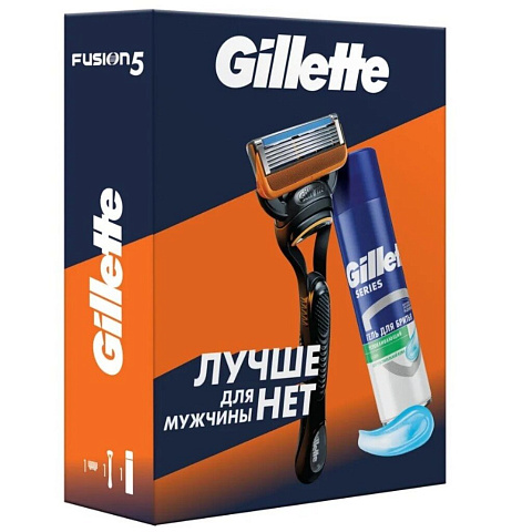 Набор подарочный для мужчин, Gillette, Fusion, станок для бритья c 1 кассетой+гель для бритья для чувствительной кожи 200мл
