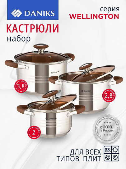 Набор посуды нержавеющая сталь, 6 предметов, кастрюли 2, 3, 4 л, индукция, Daniks, Веллингтон, GS-01415-6SE