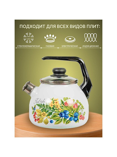 Чайник сталь, эмалированное покрытие, 3 л, со свистком, ручка консольная, СтальЭмаль, Лесная мелодия, индукция, 4с209я
