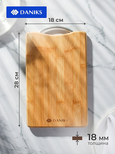 Доска разделочная бамбук, 28х18х1.8 см, с ручкой, прямоугольная, Daniks, H-1080S