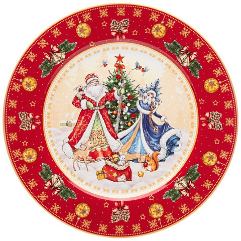 Тарелка закусочная, фарфор, 20.5 см, круглая, Дед Мороз и Снегурочка, Lefard, 85-1717, красная