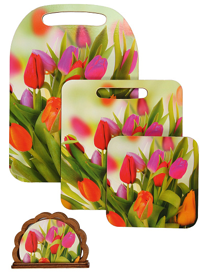 Набор кухонных принадлежностей 4 предмета, навеска, Тюльпаны, КМ-6, доска разд, доска мал, подставка под горячее, салфетница