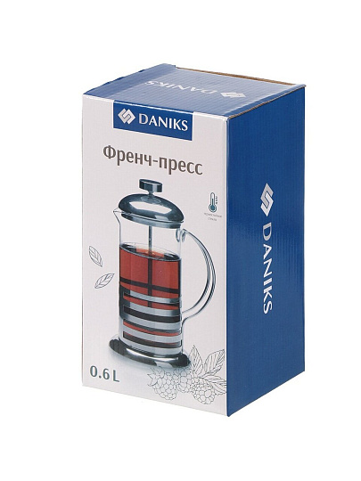 Френч-пресс 0.6 л, стекло, нержавеющая сталь, Daniks, Штрих